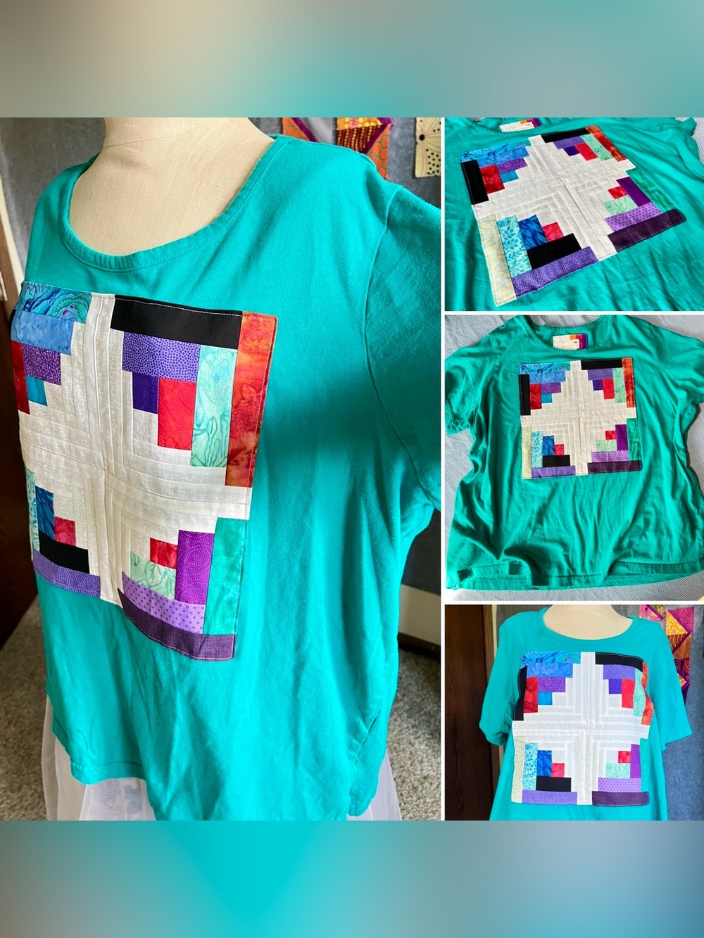 Quilty Tee - Teal Log Cabin Star